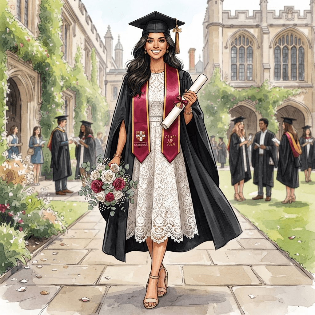 graduation fashion, cap and gown over a chic dress, tassel and honor stole, full length gown look, fashion illustration, full body