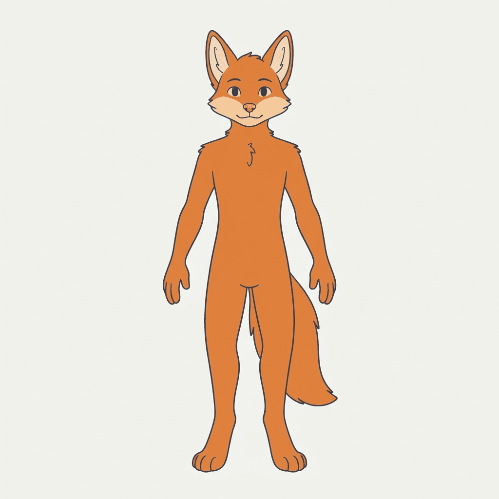 a clean anthro fursona base pose with flat unmarked fur, simple lines, drawing base style