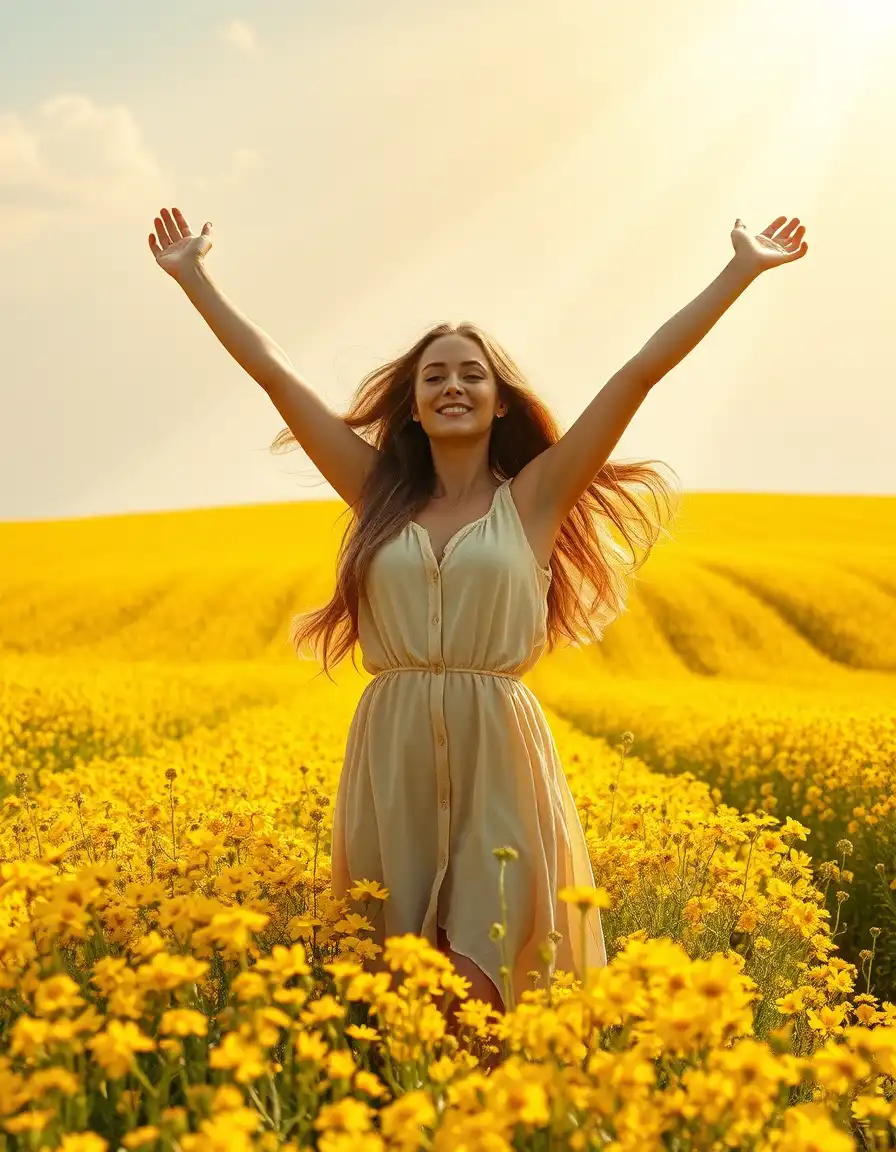 a woman with long, flowing hair stands with arms raised joyfully, amidst a vibrant field of yellow flowers that stretches out in every direction, its gentle curves and lines evoking the precision of a capriccio painting; the composition is centered, focusing on the woman and the expanse of the field, where warm, golden sunlight beams down, creating a radiant atmosphere that blends seamlessly with the luminous atmospheric effects of the capriccio style; the scene is dominated by hues of yellow, gold, and soft greens, with the added depth and complexity of warm stone tones, atmospheric blues, and golden light, as if fragments of ancient ruins and classical structures had been reimagined within the field's lush landscape; the style balances topographic credibility with imaginative architectural fantasy, rendered with documentary-quality technique, and the mood remains uplifting and serene, capturing a sense of freedom and happiness that is both grounded in reality and elevated by the fantastical elements of the capriccio style.