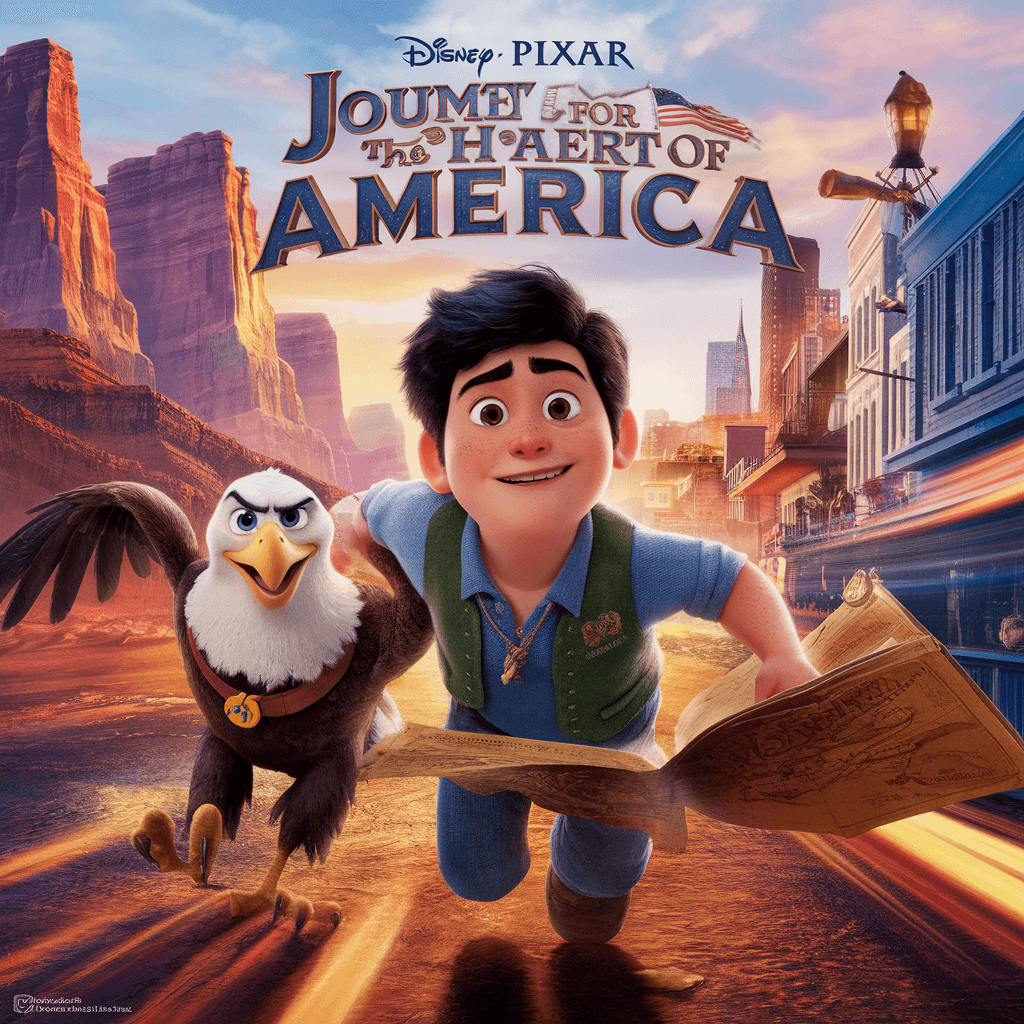 Create a Disney-Pixar-style movie poster for an animated film set in America. The poster should exude adventure, heart, and a touch of magic, with a vibrant and detailed backdrop showcasing iconic American landscapes—such as the Grand Canyon, the bustling streets of New York City, or the open roads of Route 66.
The central character should be a wide-eyed, determined protagonist (human or animal) embarking on a life-changing journey, accompanied by a lovable sidekick—perhaps a clever bald eagle, a quirky raccoon, or a classic road-trip buddy. The scene should have Pixar’s signature warm lighting, expressive character designs, and dynamic composition, emphasizing movement and excitement.
The title of the movie should be in bold, stylized lettering that reflects the film’s theme, placed prominently on the poster. The overall aesthetic should capture the essence of adventure, discovery, and the diverse spirit of America, making the movie feel like an unforgettable, heartwarming Pixar classic. meme
