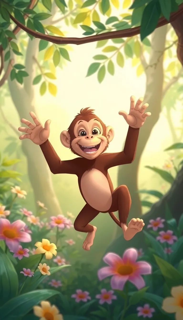 Insanon ki tarah kapde pahne hue monkeyA monkey named Lucy playing in the jungle, surrounded by trees and flowers, happy and energetic, soft morning sunlight, cartoon/animation style.