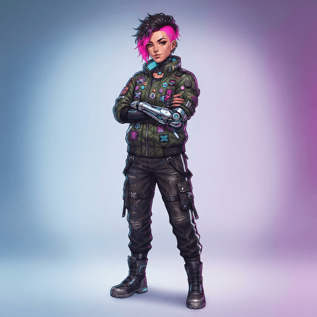 an original cyberpunk character, a young woman with neon pink undercut hair and a chrome prosthetic arm, wearing a zipped up patched bomber jacket and cargo pants, arms crossed, no weapons, full body original character design, clean soft gradient studio background, vibrant, crisp high detail, digital illustration, no text, no words, no numbers, no watermark