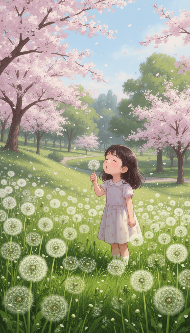 A whimsical depiction of a beautiful dandelion flower colony a delighted little girl standing , holding a dandelion flower in her hand while blowing it, on a lush green grassy hillside, set against a vibrant and picturesque park backdrop with cherry blossoms and lush trees in full bloom.