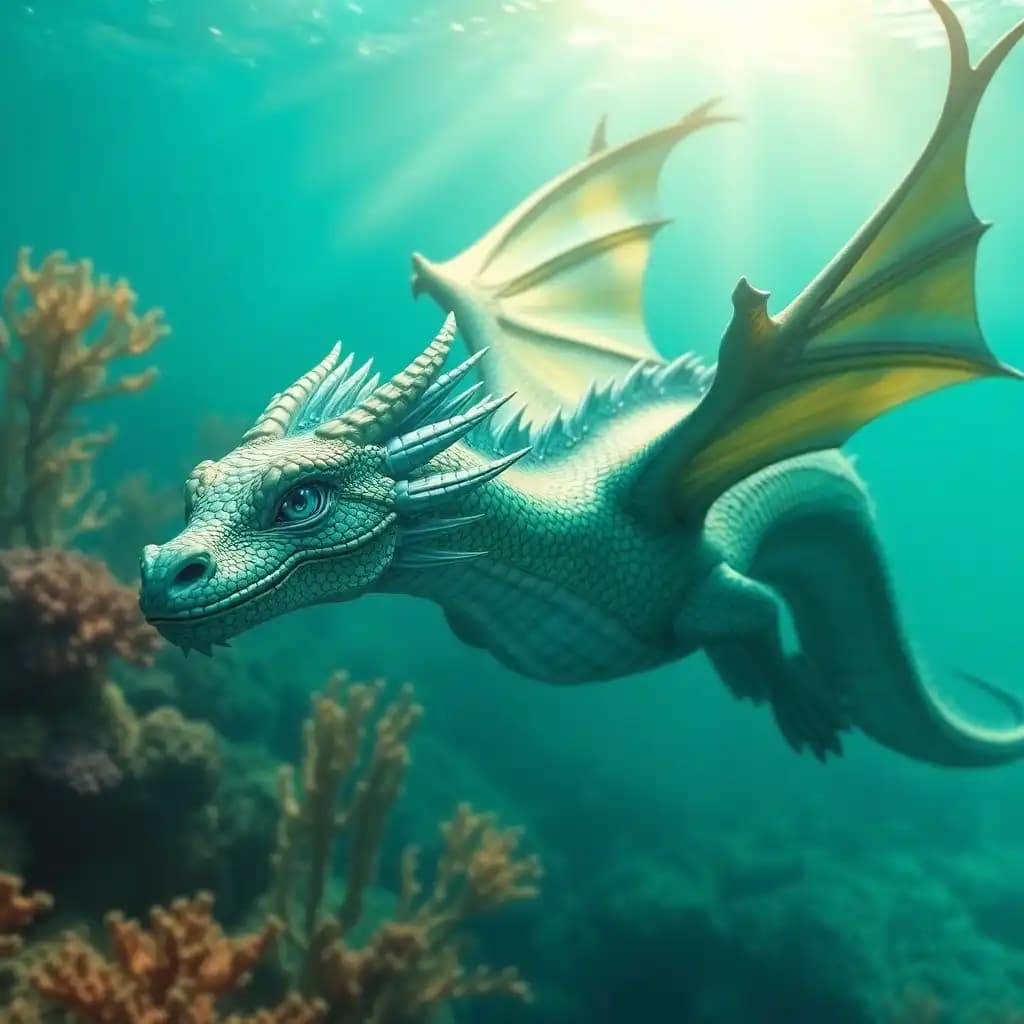 "a majestic underwater dragon floats serenely in a vibrant, turquoise ocean, with coral and kelp swaying in the distance like gentle fingers. The dragon's scales glimmer with an iridescent sheen, shifting from emerald to sapphire in the sunlight filtering down from above. Its piercing blue eyes seem to hold a deep wisdom, emotions entwined with a sense of loneliness beneath the waves. Incorporate the fantasy art style reminiscent of Syd Mead with subtle sci-fi elements."