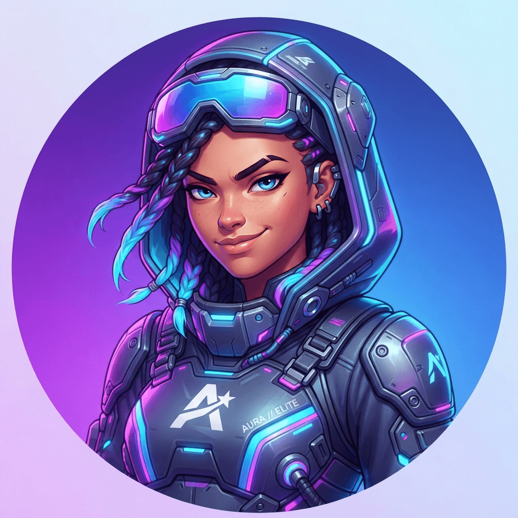 original battle royale video game character, stylized 3D cartoon game art, close-up headshot avatar portrait, neon blue and purple armored hoodie, futuristic visor, glossy cel-shaded render