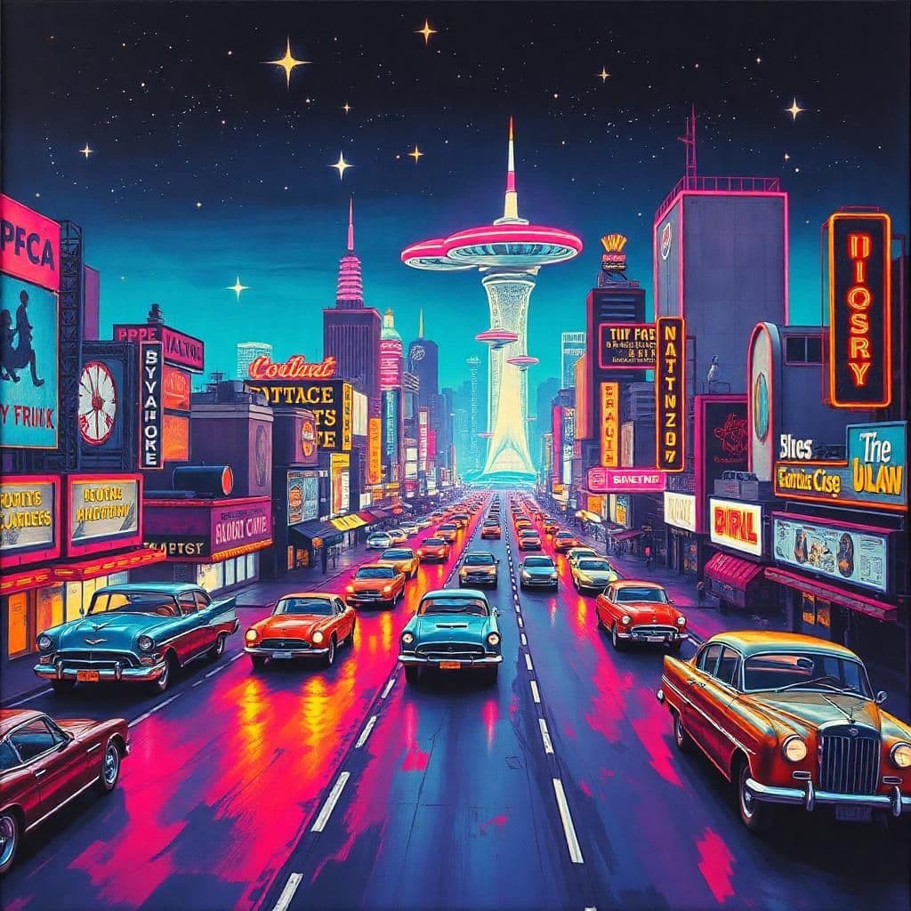 Imagine a bustling retro-futuristic cityscape, where neon lights mimic stars and retro automobiles hover gracefully above paved roads. The scene pulsates with energy, painted in vibrant hues that blend pop art and futurism, inviting one to explore a world where history and future intertwine.