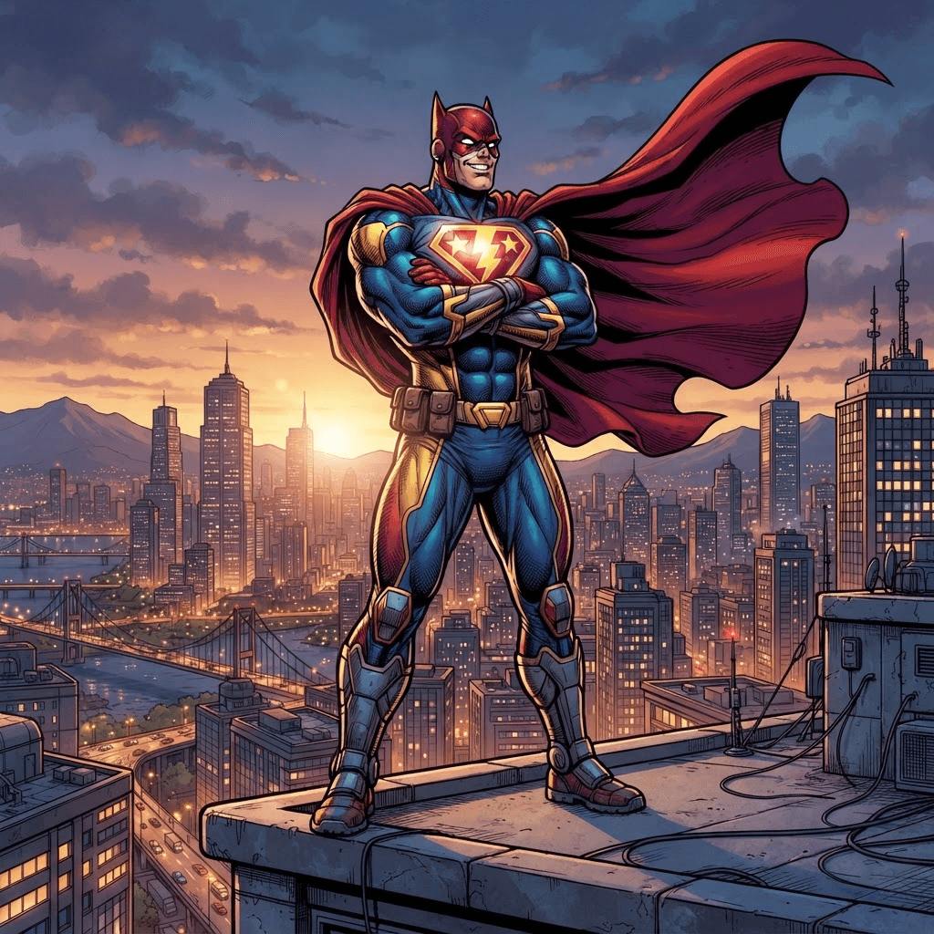 original comic-book superhero character, muscular figure in colorful spandex costume with flowing cape, generic emblem, city skyline at dusk