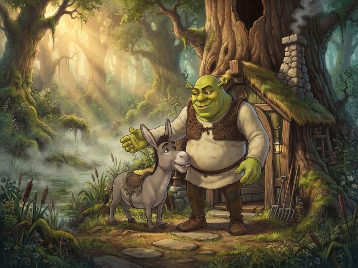 Big burly green ogre with bald green head, trumpet‑shaped ears, thick brows and a warm crooked grin, wearing his rough cream tunic, brown leather vest, dark patched trousers and worn leather shoes, stands in the same mist‑shrouded swamp clearing as sunrise filters through trees, a friendly gray donkey with floppy ears, bright eyes and a little tattered saddle appears beside him, the ogre extends a hand toward the donkey while the donkey nudges his leg, soft warm sunlight catches the swamp’s mist, character art style, clean composition Render it in a vibrant storybook animation style — expressive cartoon proportions, painterly texture, rich warm colors, soft cinematic lighting, fairy-tale mood. Not photorealistic, not a photograph.
