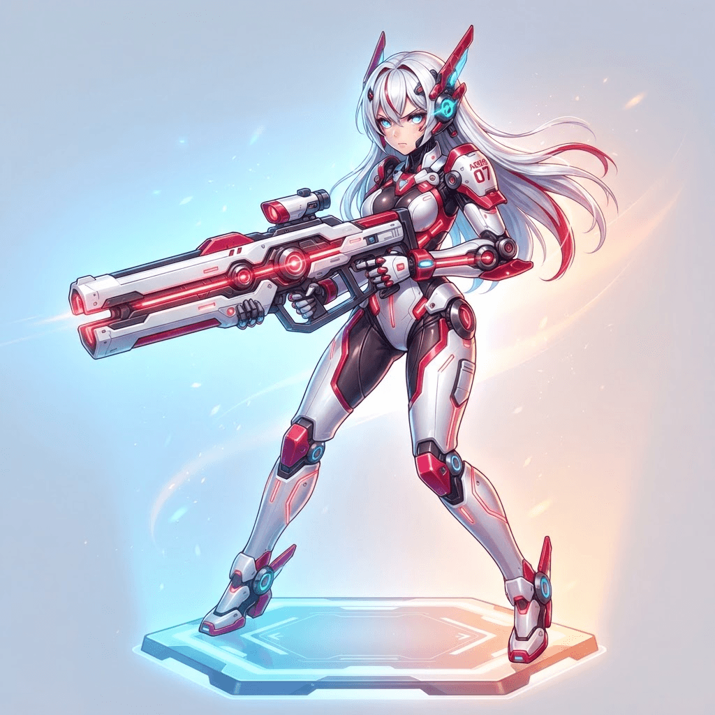 sci-fi anime android gunner girl, sleek white and crimson combat suit, futuristic rifle, glossy mecha gacha art style, clean soft gradient background, vibrant, crisp high detail