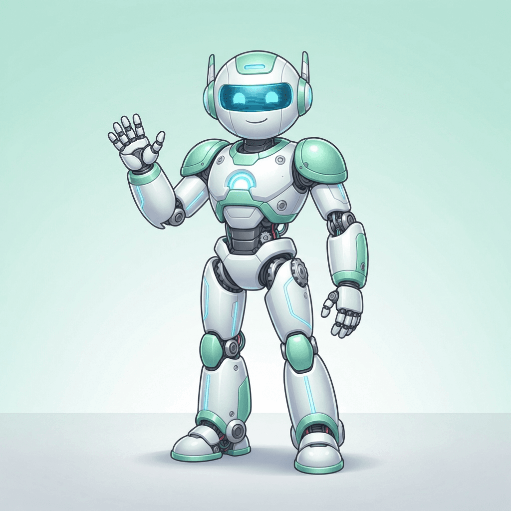 an original robot character with rounded white and mint green plating, a glowing blue visor for eyes, cheerful standing pose, full body original character design, clean soft gradient studio background, vibrant, crisp high detail, digital illustration, no text, no words, no watermark