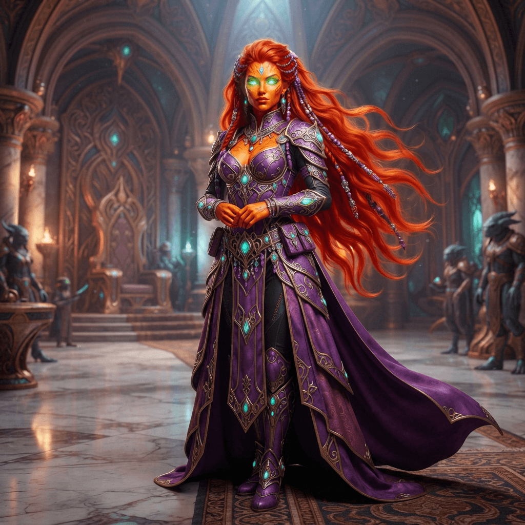 an orange skinned alien princess with very long flowing red hair, a purple armored top and glowing green eyes, cosplay reference, full body, standing portrait
