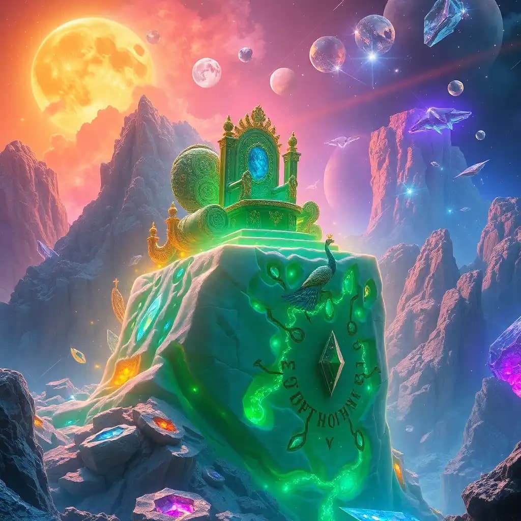 "imagine an infinite, dazzling realm overflowing with an unparalleled deluge of bejeweled opulence. a breathtaking tapestry of luminescent gems, precious metals, and resplendent minerals interweaves in every dimension.
at the heart of this kaleidoscopic wonderland, a titanic, alabaster monolith made of gleaming moonstone rises, its surface inscribed with extraterrestrial runes that radiate an otherworldly aura. this colossus is engulfed by an effulgent aura of emerald-green citrines, diamond-studded tourmalines, and refractive quartz crystals that imbue the surrounding environment with kaleidoscopic colors.
upon the monolith's apex, a resplendent, emerald-crusted throne sparkles with an ostentatious coronation of olive-green jade, orange-glowing rubies, and cerulean-dappled peacocks. its occupant, an hypnotic, gemstone-adorned figure, summons the cosmos with a resplendent, chrome-encircled scepter that crackles with primordial energy.
a boundless expanse of crystalline dust spreads out from the throne, adorned with glittering spires of tsavorite, gleaming peridot columns, and pyramids of fiery pyrope garnets. in this shimmering terrain, delicate, iridescent seagulls soar through the skies, casting lustrous shadows across the shifting sands as they scatter sparkling shards of water-clear quartz behind."