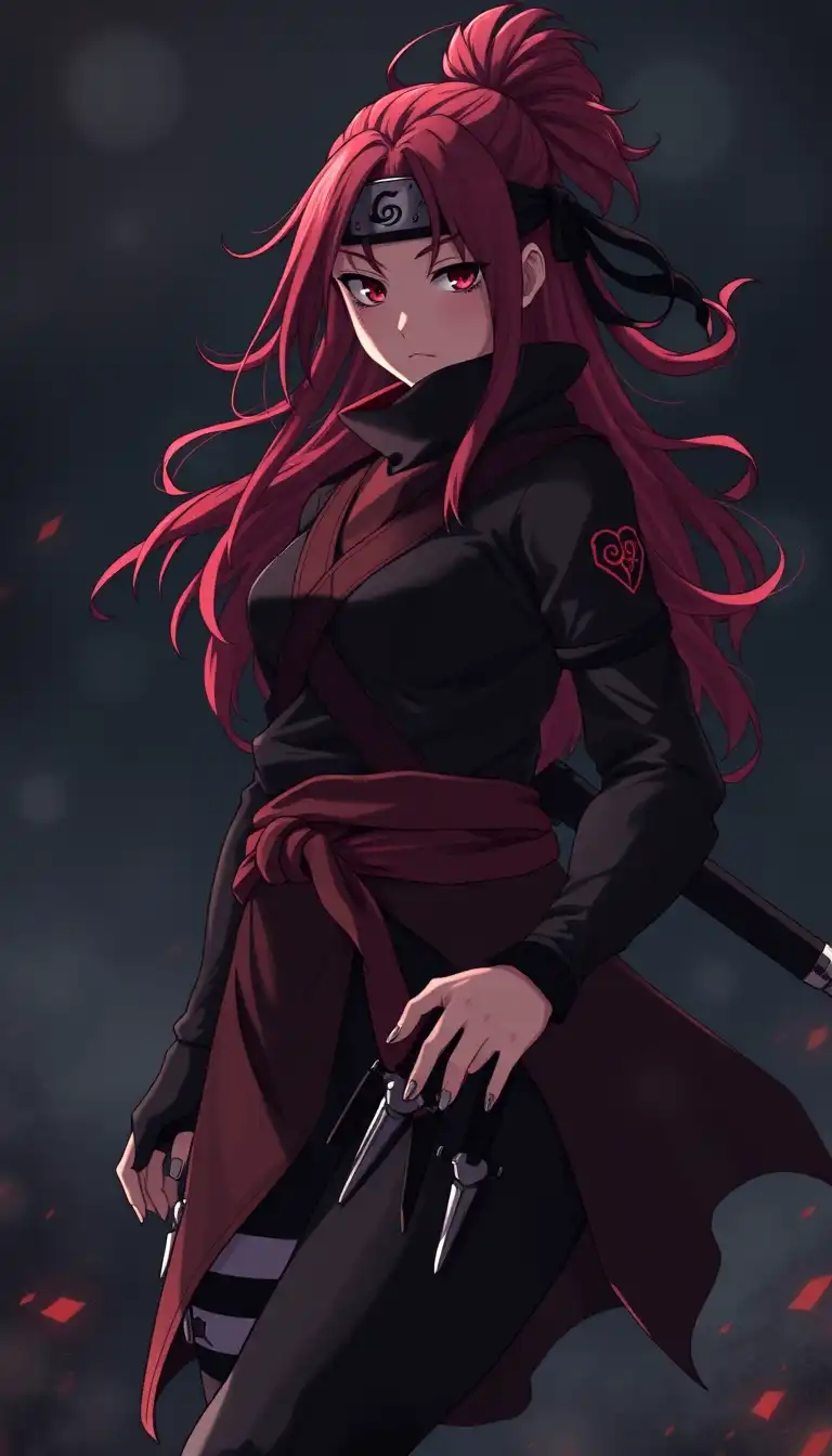 réimaginée comme une kunoichi ninja dans l’univers Naruto, cheveux rouges longs et flottants, tenue ninja ajustée noire et rouge avec ceinture d’armes et pochettes, bandeau frontal de village ninja, posture agile et dangereuse, tenant des kunais et shurikens, aura de chakra rouge sombre autour de ses mains, arrière-plan village ninja nocturne ou forêt dense avec brume légère, style anime japonais détaillé, éclairage dramatique, mouvement dynamique des cheveux et vêtements, rendu cinématographique, ultra détaillé.