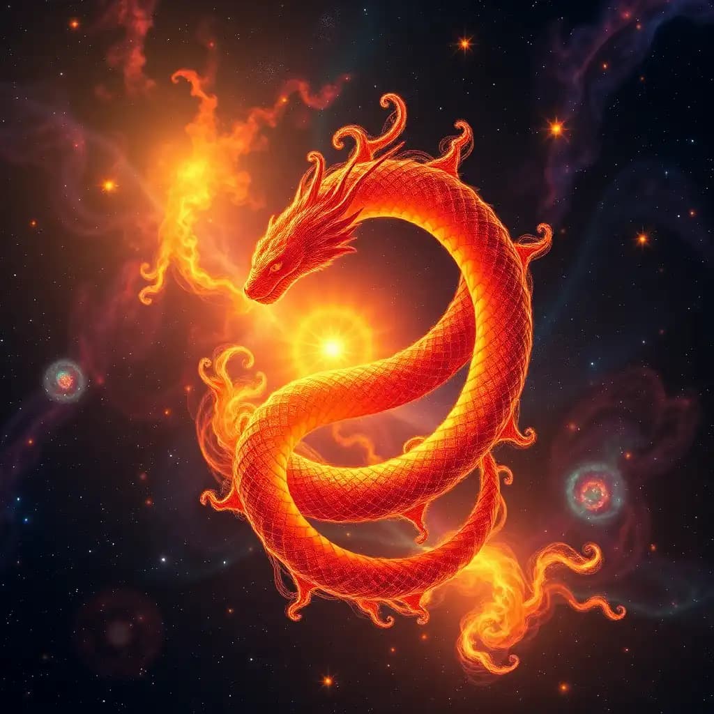 Amidst the kaleidoscopic expanse of a forgotten nebula, a mythical solar serpent coils in on itself in an elaborate dance of fire and elegance. Its scales glimmer with cosmic iridescence, casting kaleidoscope reflections that ripple across the vastness of space. As it spirals through the heavens, it weaves a rich tapestry of conflagrant hues, uniting the sacred warmth of the sun with the ancient mystery of the stars.