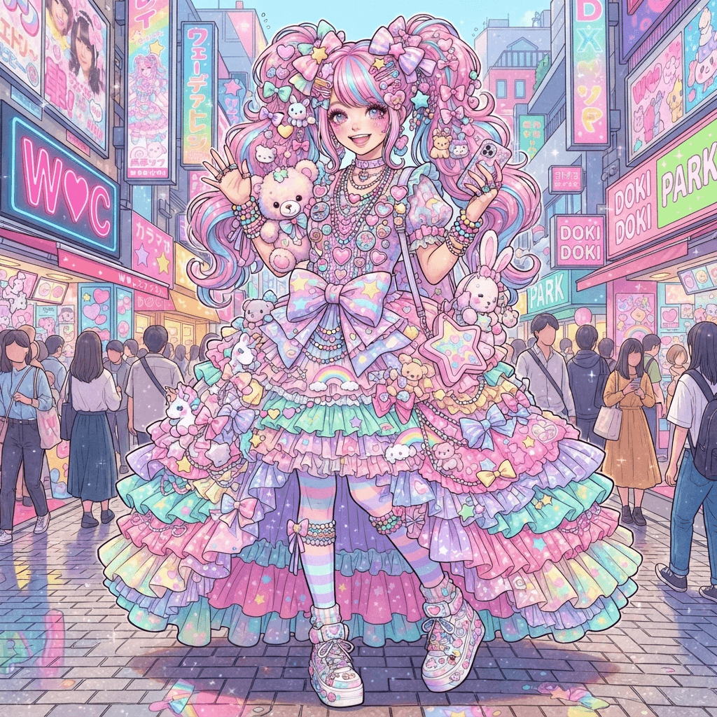 kawaii fashion, pastel decora layers, plush accessories, heart motifs, candy colors, full length gown look, fashion illustration, full body