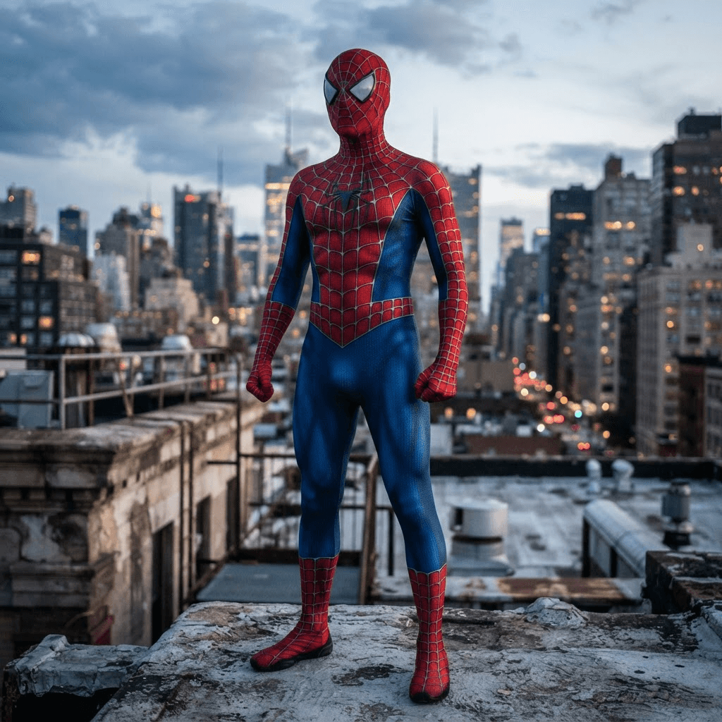 a hero in a red and blue web patterned bodysuit with large white lenses, cosplay reference, full body, standing portrait