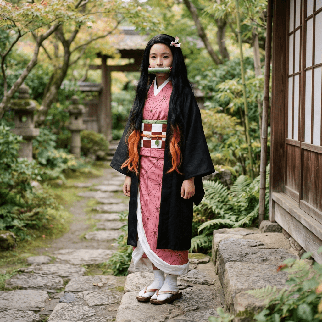 a girl in a pink checkered kimono with a bamboo muzzle and long black hair fading to orange, cosplay reference, full body, standing portrait