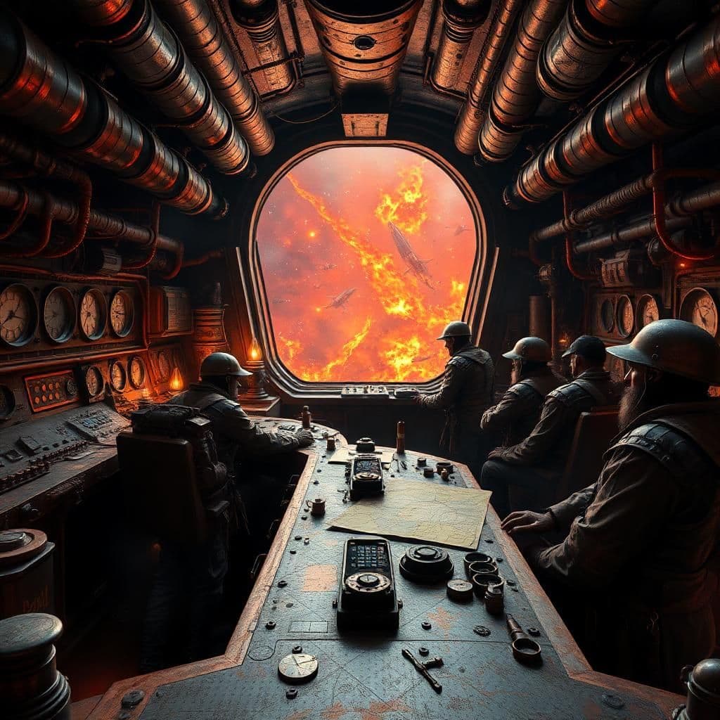 inside the control room of a blazing space pirate ship, the atmosphere is electric and apocalyptic. pirate crew members, clad in tattered, flame-scorched clothing and blackened, battle-worn armor, frantically work at various stations, monitoring seared star charts and tracking enemy ships as they close in for the kill. the control panels are a tangled mess of burnt copper pipes and hissing steam gauges, with oil lamps that cast flickering shadows and machinery that groans like a wounded beast, its gears and pistons hissing and screeching as it struggles to maintain the ship's desperate flight. through the large viewport, a sea of molten lava flows through space, with blazing stars and comets that leave trails of fire in their wake. the ship's interior is a furnace of rough, utilitarian furnishings, with metal beams that glow like hot coals and the deafening roar of the ship's steam-powered engines, which sound like a chorus of screaming demons.