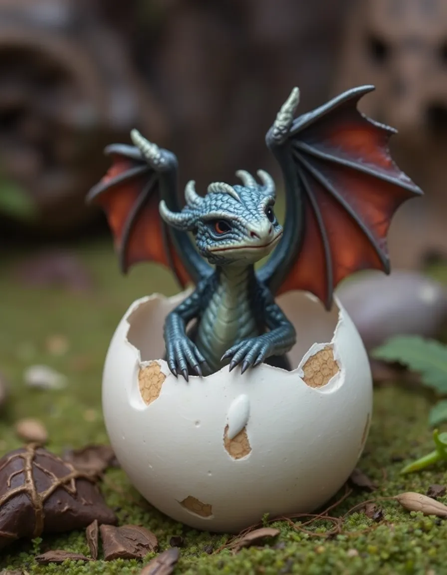 Fantasy Dragon Hatchling Emerging from Egg: A dragon hatchling emerging from its egg in a fantasy setting, scales and wings, new life and magic, mythical creature birth.