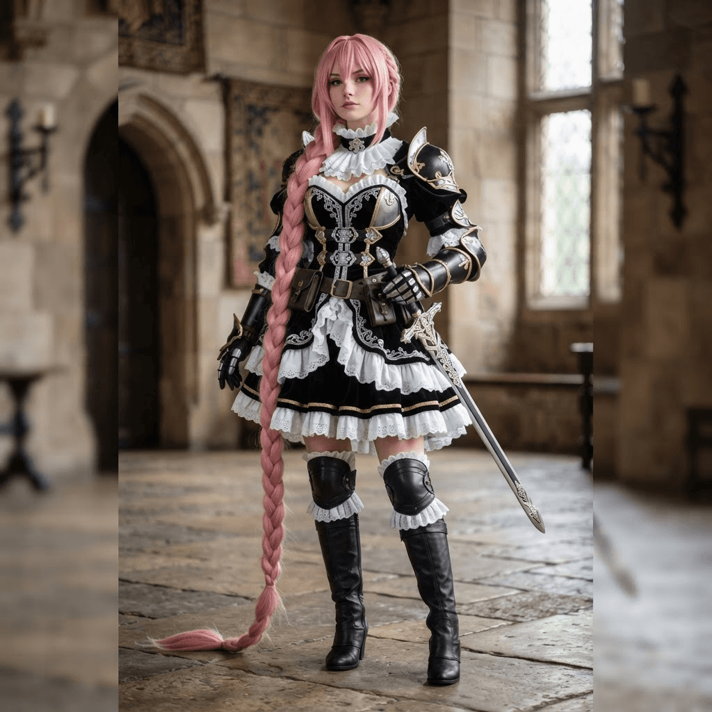 a slender pink haired knight with a very long braid and a black and white frilled outfit, cosplay reference, full body, standing portrait
