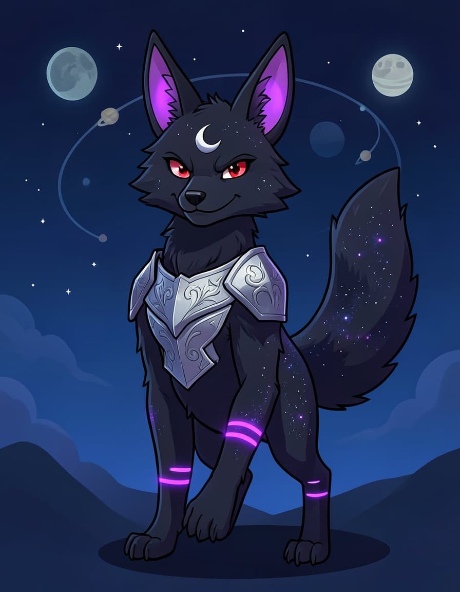 Original dark-type fox fakemon, a pokemon OC: midnight-black fur speckled with stars, silver crescent-moon mark, glowing violet rings, engraved silver armour, galaxy tail, under a night sky with orbiting moons. Flat cel-shaded monster-taming game art, bold clean outlines.