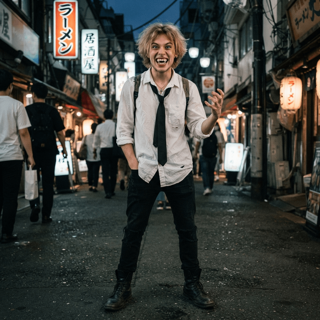 a scruffy blond teenager in a white shirt and black tie with sharp teeth and a wild grin, cosplay reference, full body, standing portrait