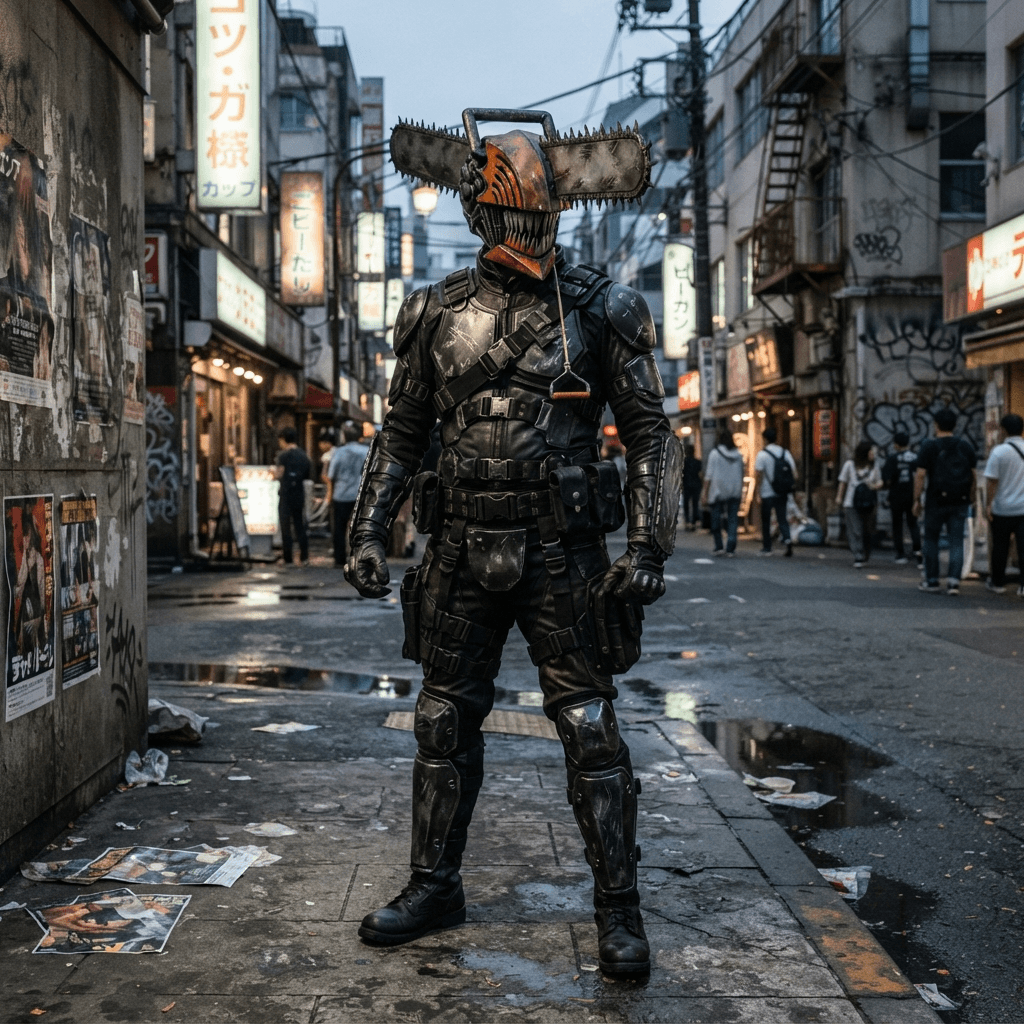 a figure in a dark suit with a chainsaw motif helmet and a pull cord, gritty urban styling, cosplay reference, full body, standing portrait