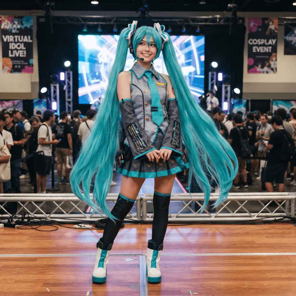 a virtual idol with very long turquoise twin tails, a grey and teal sleeveless top, tie and detached sleeves, cosplay reference, full body, standing portrait