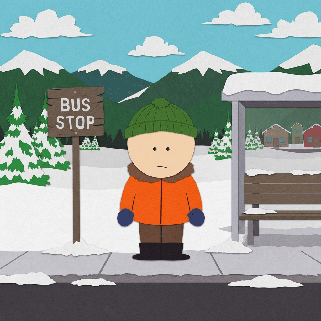 an original kid character in a bright orange parka and green beanie standing at the bus stop, in the exact art style of the South Park TV show: flat construction-paper cut-out animation, simple round head, tiny dot eyes, no nose, stubby body with simple mitten hands, thick black outlines, flat solid colors, no shading, crude paper texture, snowy Colorado mountain town background