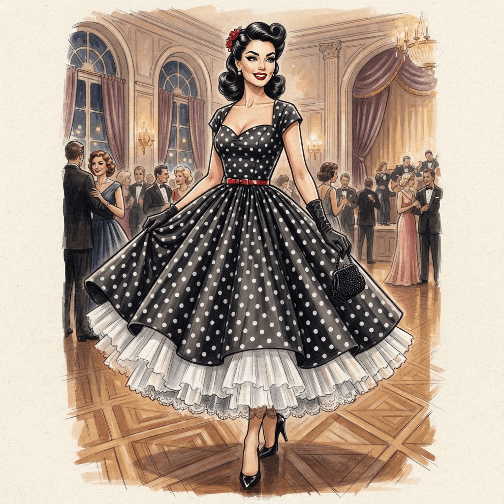 nineteen fifties fashion, full circle skirt with petticoat, cat eye liner, victory rolls, polka dots, full length gown look, fashion illustration, full body