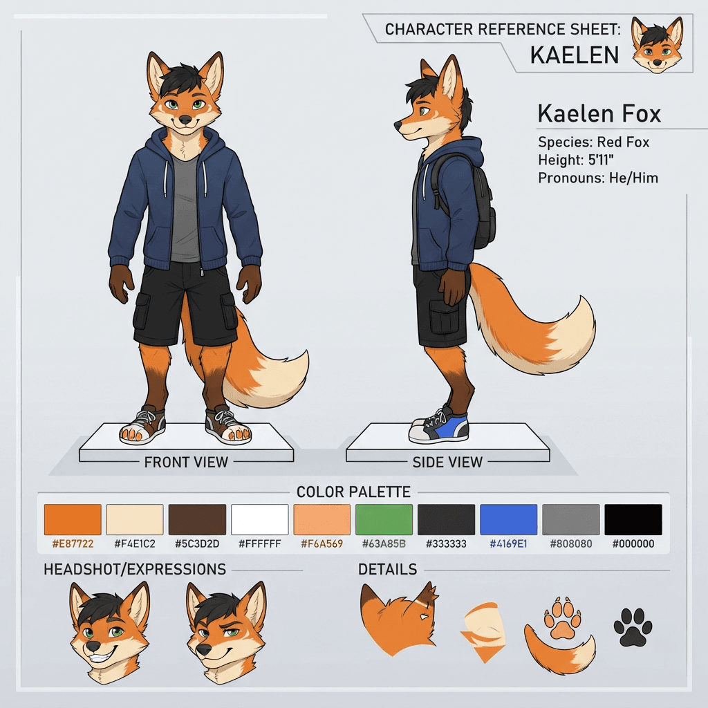 an anthro fursona reference sheet with front and side views and a color palette strip, clean layout