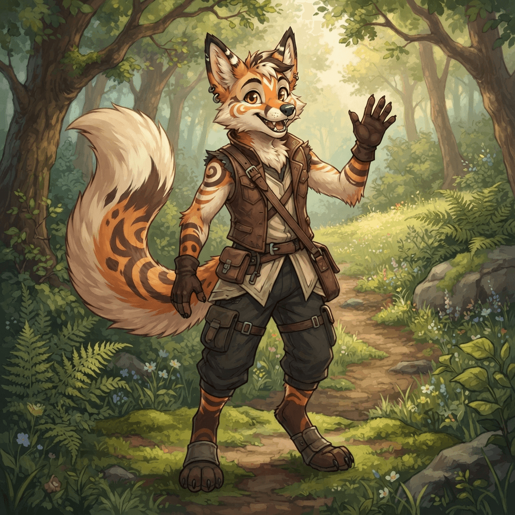 an expressive anthro fursona character with distinctive fur markings, full body