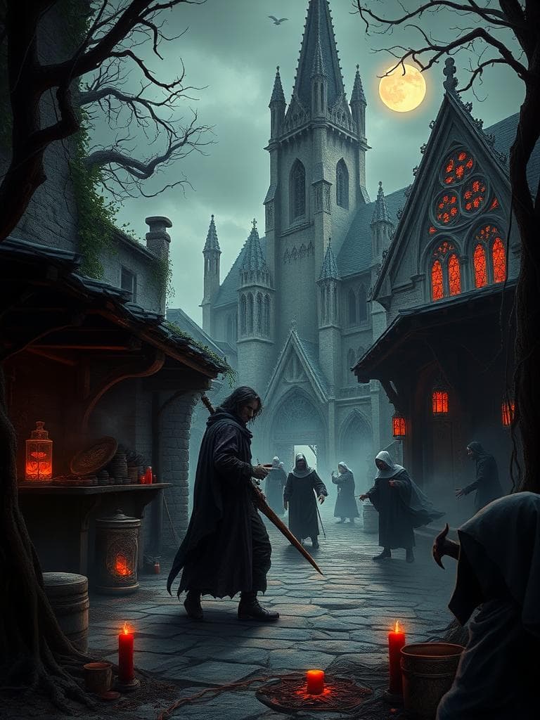 Here's a revised prompt that maintains the subject of the image while applying the Dark Fantasy Gothic art aesthetic:
In a forsaken, medieval village, a lone, brooding warrior-priest with an intense gaze and raven-black hair, clad in tattered, dark purple robes, battles malevolent entities at a decrepit, stone market stall. The air is thick with the scent of incense and smoke, as faint, eerie luminescence emanates from mysterious, ancient artifacts. Nearby, ghostly apparitions of monks and nuns, shrouded in mist, confront dark, shadowy creatures amidst a backdrop of crumbling, ivy-covered cathedrals and twisted, gnarled tree roots. In the distance, a towering, Gothic monastery looms, its stone spire reaching toward the heavens like a skeletal finger, as stained glass windows filter the faint, moonlit glow, casting an ominous, blood-red hue over the desolate landscape.
I've maintained the core elements of the original image, including the warrior, the village, and the monastery, while incorporating the Dark Fantasy Gothic art style. I've replaced the extreme firey elements with a more subdued, eerie atmosphere, using words like "forsaken", "brooding", "decrepit", and "eerie" to create a sense of mystery and dread. The color palette is now more muted, with a focus on deep purples, dark blues, and indigos, while still maintaining a sense of ominous foreboding.