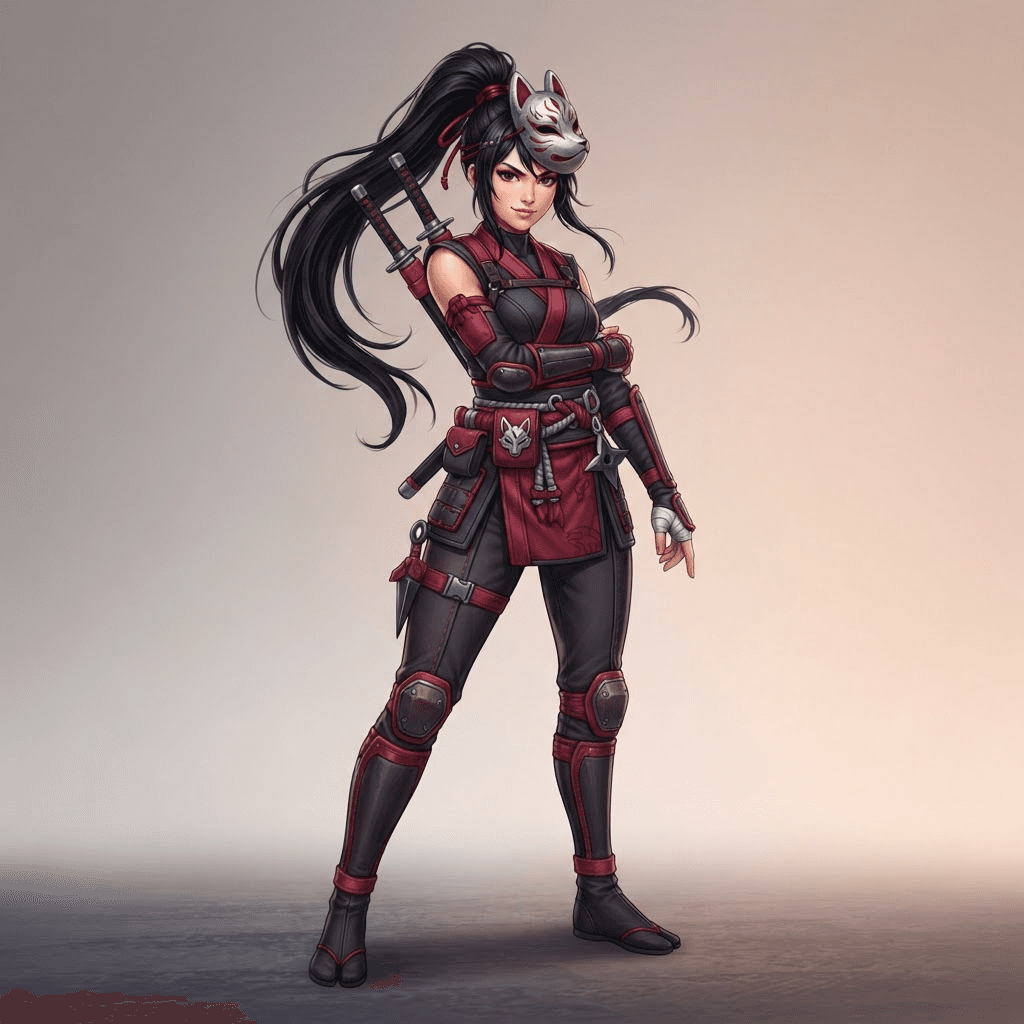 original character design of a confident young woman ninja, crimson and charcoal outfit, silver fox mask pushed up on her forehead, twin daggers, long black ponytail, full body standing pose, clean soft gradient studio background, vibrant, crisp high detail, digital illustration, no text, no words, no watermark