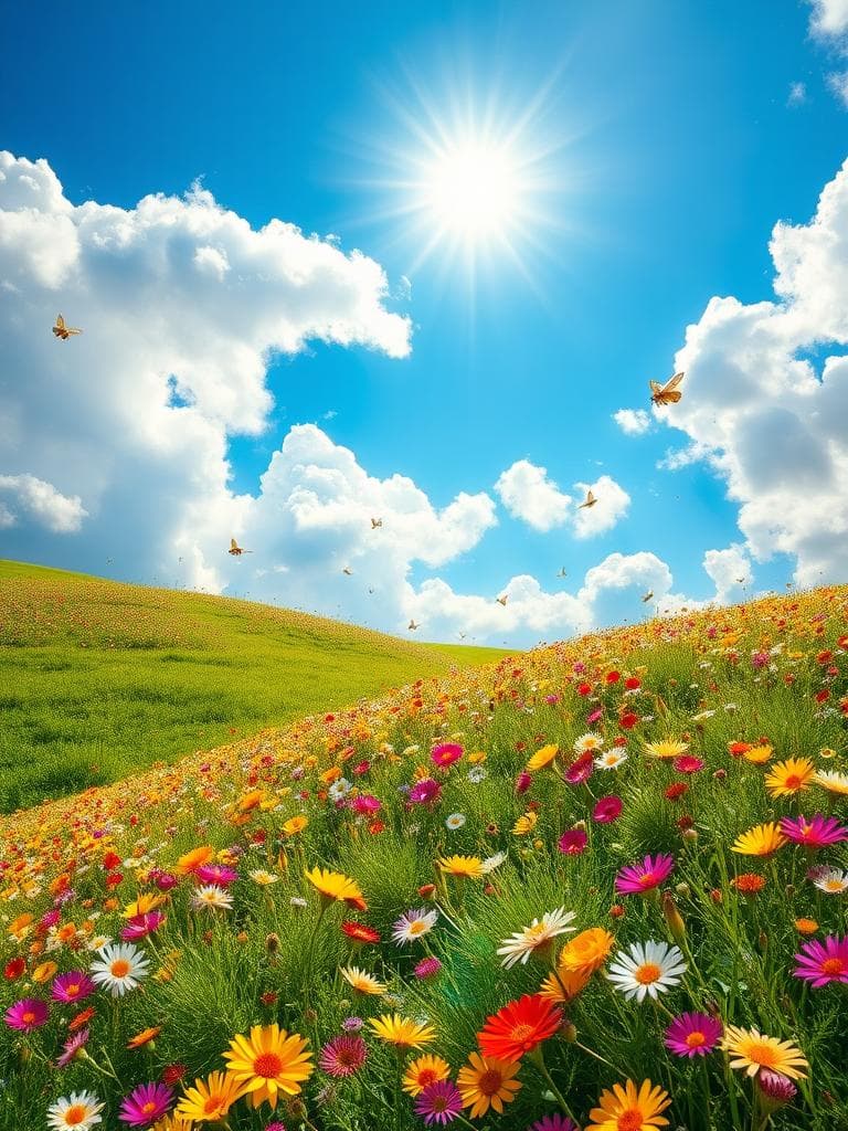 A bright and sunny hillside, covered in a carpet of colorful flowers, sways gently in the warm breeze. The air is filled with happy butterflies and busy bees, and the flowers shine with a vibrant glow. Fireflies flit around the blooms, adding to the exciting atmosphere. The sky above is a brilliant blue with fluffy white clouds, and the sun shines down with a warm, happy light. The hillside is full of energy and joy, inviting all to come and play.