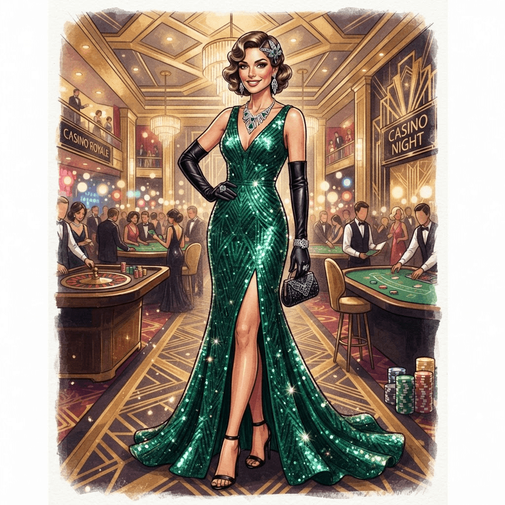 casino night fashion, sequined cocktail dress, satin gloves, art deco jewelry, full length gown look, fashion illustration, full body