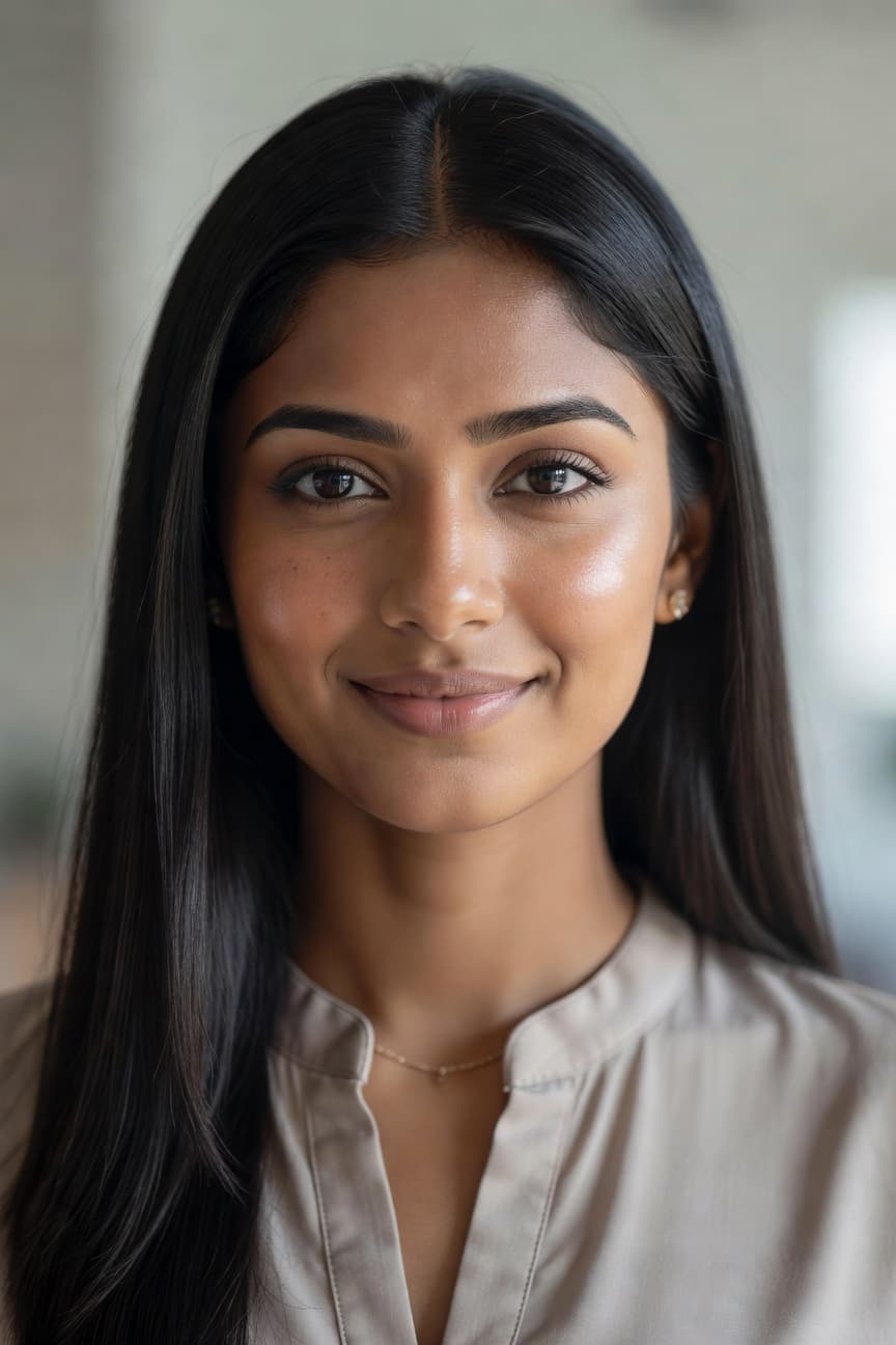 Ultra-realistic portrait of a young Indian female influencer, age around 20–24, natural brown skin tone, symmetrical face, expressive dark brown eyes, thick eyebrows, soft glowing skin, long straight black hair, subtle natural makeup, confident and friendly expression, looking at camera.
Face-focused portrait, close-up framing, soft daylight lighting, shallow depth of field, blurred background, modern aesthetic, high fashion influencer style, minimal jewelry, clean elegant look.
Shot like a professional DSLR portrait, 85mm lens, ultra-detailed skin texture, cinematic lighting, photorealistic, Instagram influencer vibe, 4K quality. Trendy outfit, soft smile, natural beauty, modern Indian fashion influencer, aesthetic Instagram style, lifestyle creator, subtle glossy lips, minimal makeup, soft highlight on cheekbones hyper-realistic photography, natural skin pores, studio lighting, high dynamic range, professional portrait photography