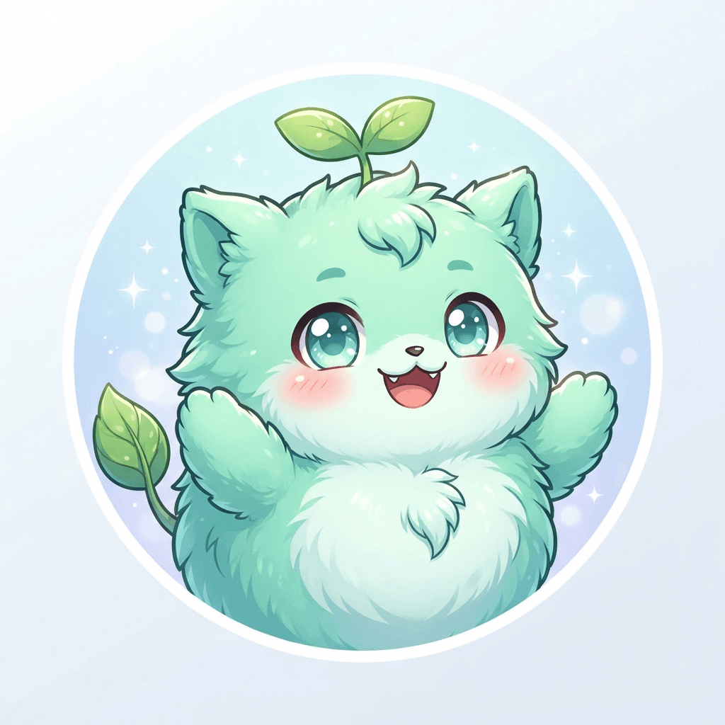 original cute creature mascot in monster-collector anime style, close-up avatar portrait, round fluffy mint-green body, big sparkling eyes, leaf sprout on head, happy smile