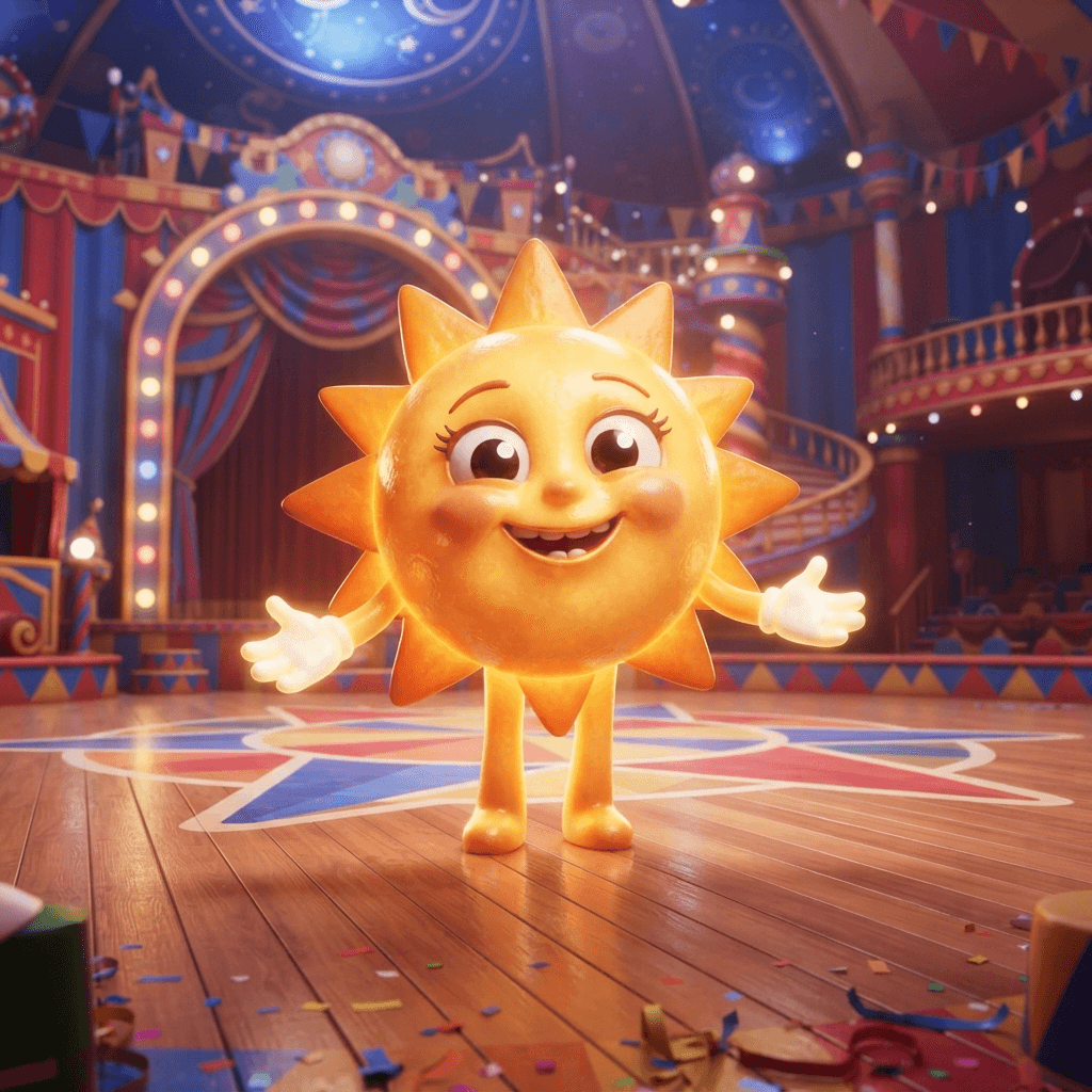 Sun from The Amazing Digital Circus, smiling sun character with a friendly expressive face, warm golden glow, full-body portrait standing on the circus stage, glossy 3D circus style, polished expressive 3D animation, bright colorful Amazing Digital Circus environment, no text, no logo, no watermark