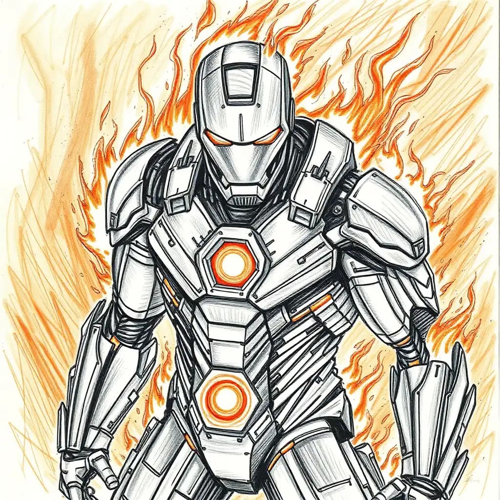 "a blazing, fiery pencil sketch of the iron man, engulfed in a maelstrom of flames that dance across his metallic armor. the background is a swirling vortex of orange and red hues, like a wildfire consuming everything in its path. the iron man's eyes glow like hot coals, his suit smoldering with intense heat. charred and blackened, his once-shiny armor now resembles a twisted, melted mess. the pencil lines are bold and expressive, with thick, textured strokes that evoke a sense of raw energy and unbridled power. the iron man's face is contorted in a fierce, battle-hardened scowl, his jaw clenched in determination as he stands at the epicenter of the inferno. the flames seem to be fueled by his own inner fire, as if his very soul is ablaze with a fierce, unyielding passion."