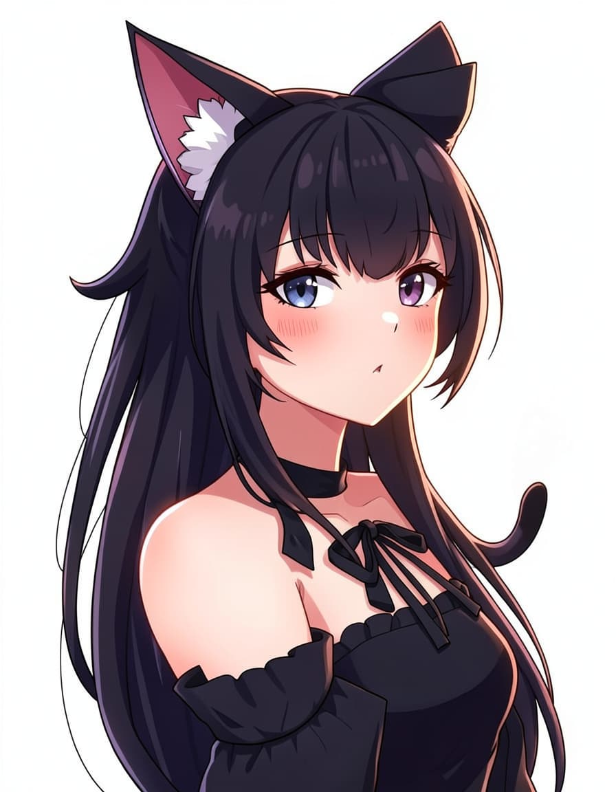 image 1 is catgirl. catgirl: vtuber character portrait of feminine, a girl, a nekomimi catgirl with cat ears and a long tail, long black bangs, cat ears, gothic and dramatic, black hair, clean anime vtuber model art, cel-shaded 2d illustration, crisp lineart, vivid colours, soft rim lighting, head and shoulders, facing forward, plain flat white background. vibrant, clean composition with soft rim light highlighting her gothic accessories, subtle shadows accentuating the cat ears and tail silhouette, crisp anime style, high detail, vivid color palette.