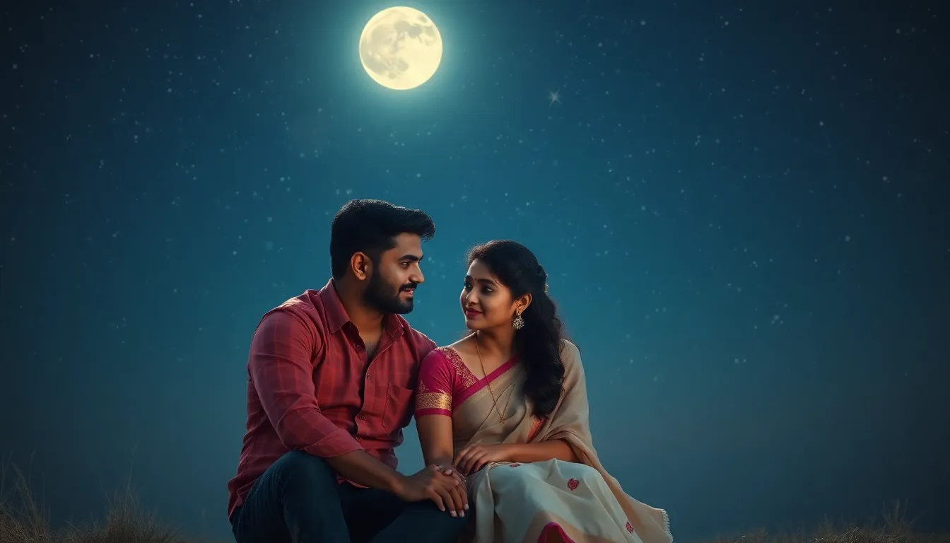 Romantic Tamil couple sitting together under a beautiful starry night sky, dreamy romantic atmosphere, soft moonlight, emotional love story, cinematic lighting, ultra realistic, high detail, vertical 9:16
