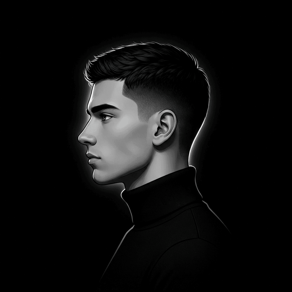 minimal noir profile picture avatar, close-up portrait of a young man in all black, single soft white rim light, pure black background, sleek digital illustration