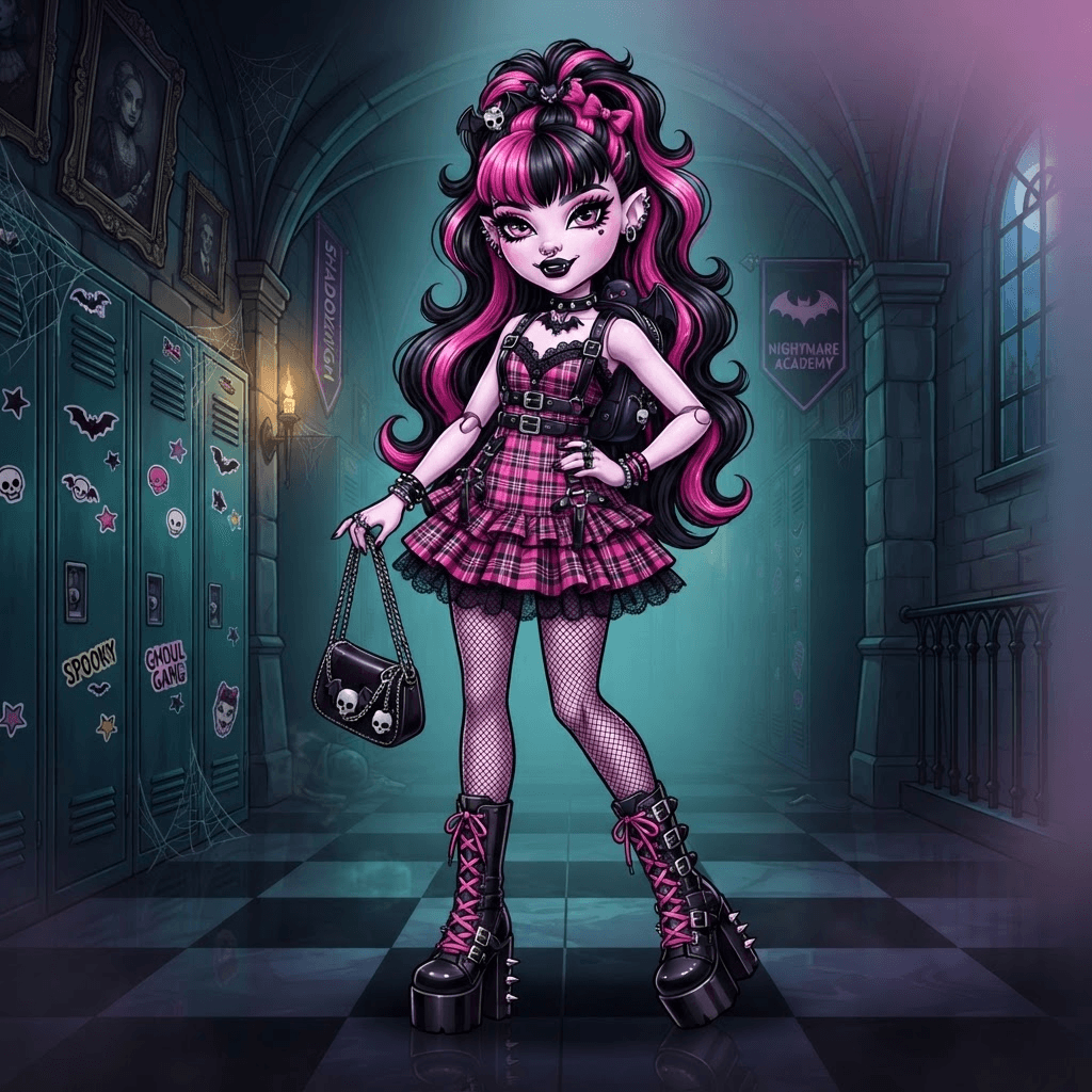 full body fashion doll style teen girl with vampire traits, very tall slim doll proportions, pale lavender skin, small fangs, long black hair with hot pink streaks, bold dark makeup, plaid pink and black mini dress, chunky platform boots, spooky gothic school hallway with lockers, pink black and teal palette