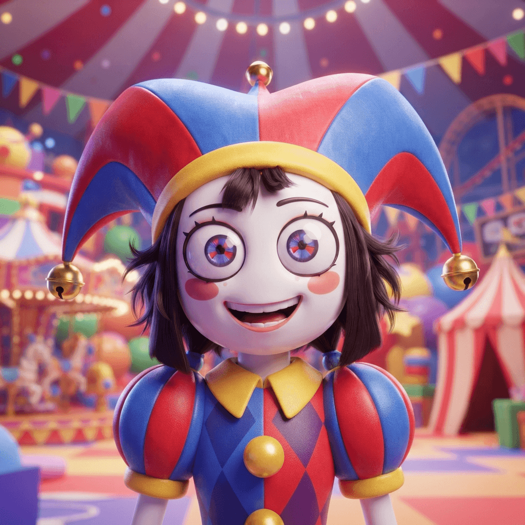 Pomni from The Amazing Digital Circus, jester harlequin outfit with red and blue diamond pattern, tall jester hat with bells, big expressive eyes, centered avatar bust with a bright cheerful smile, square profile picture crop, glossy 3D circus style, polished expressive 3D animation, bright colorful Amazing Digital Circus environment, no text, no logo, no watermark
