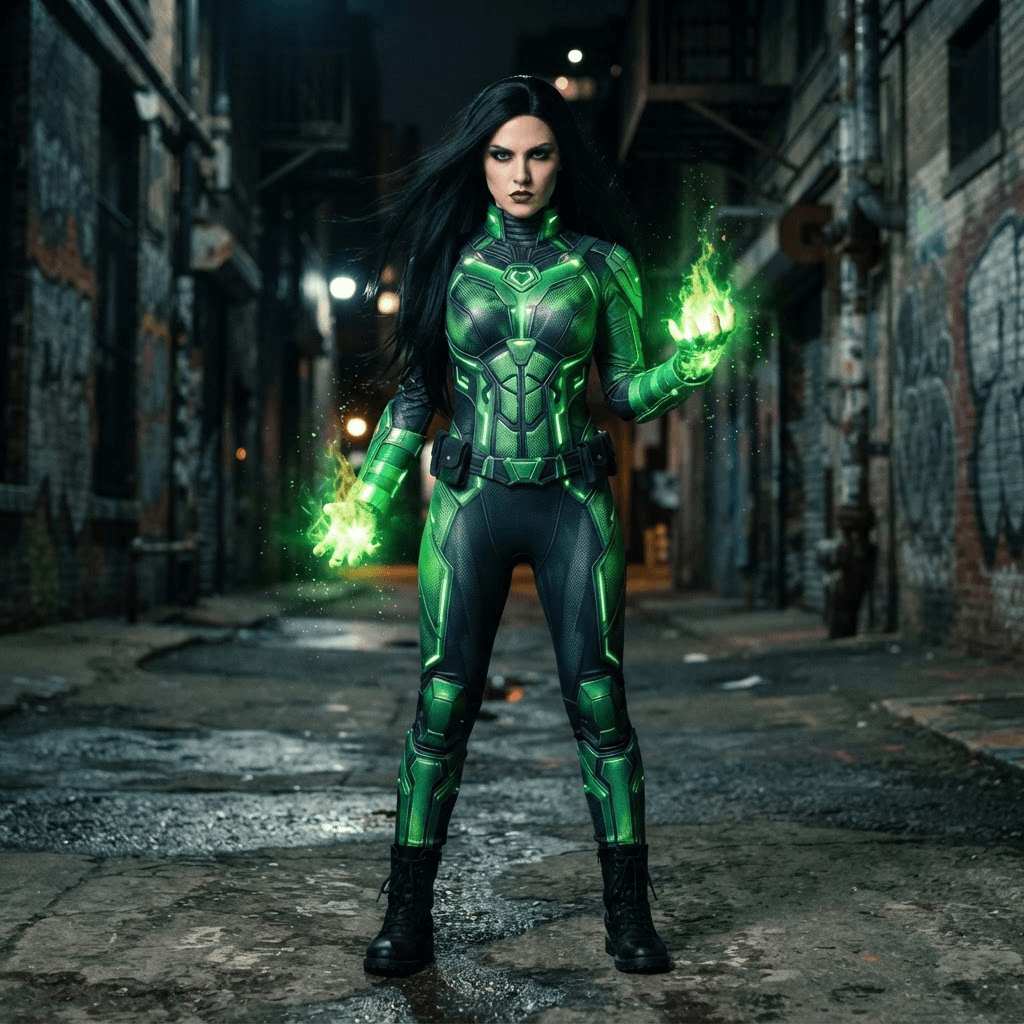 a villain in a green and black bodysuit with long straight black hair and glowing green hands, cosplay reference, full body, standing portrait