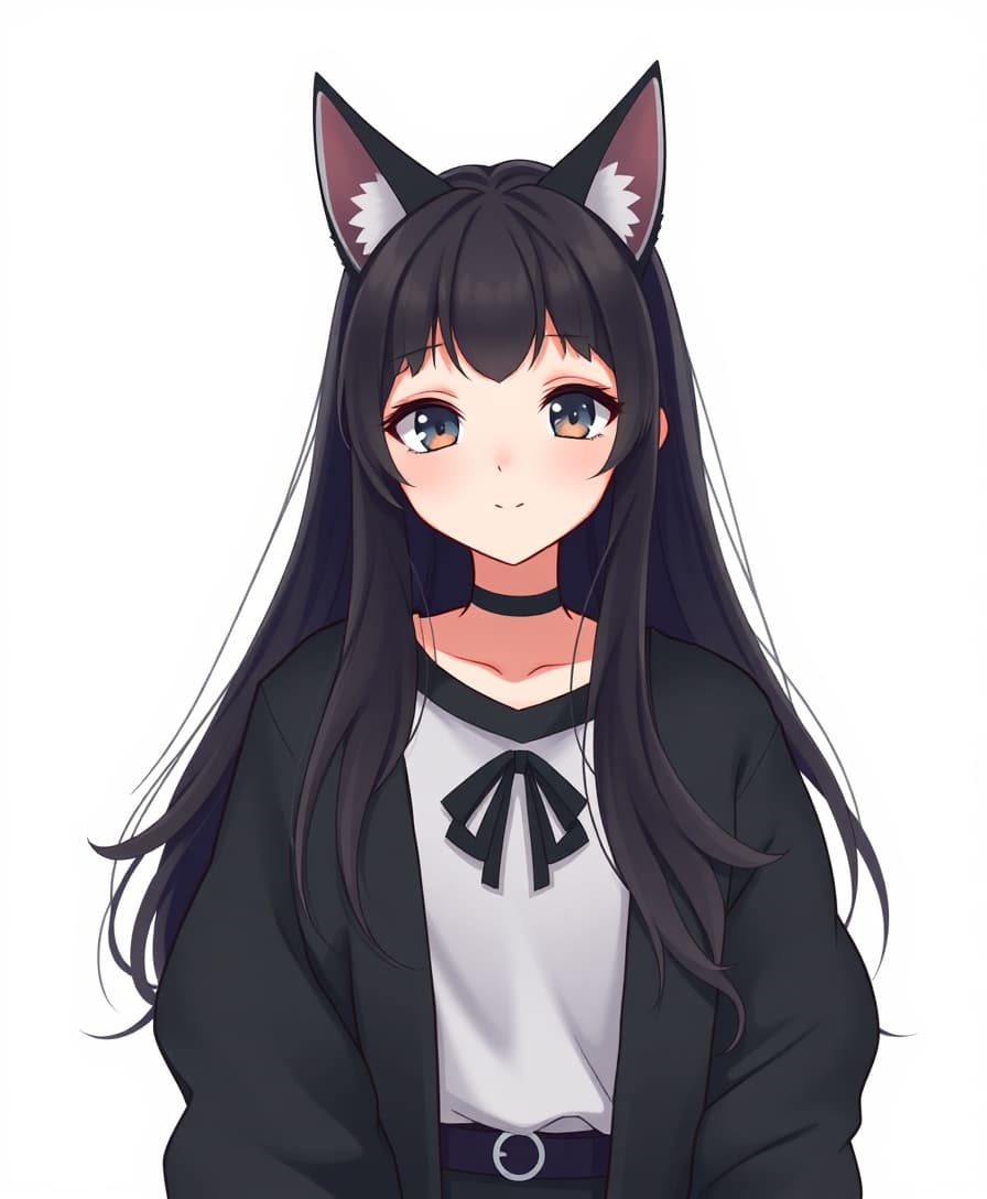 A VTuber with black cat ears, long dark hair and an oversized hoodie