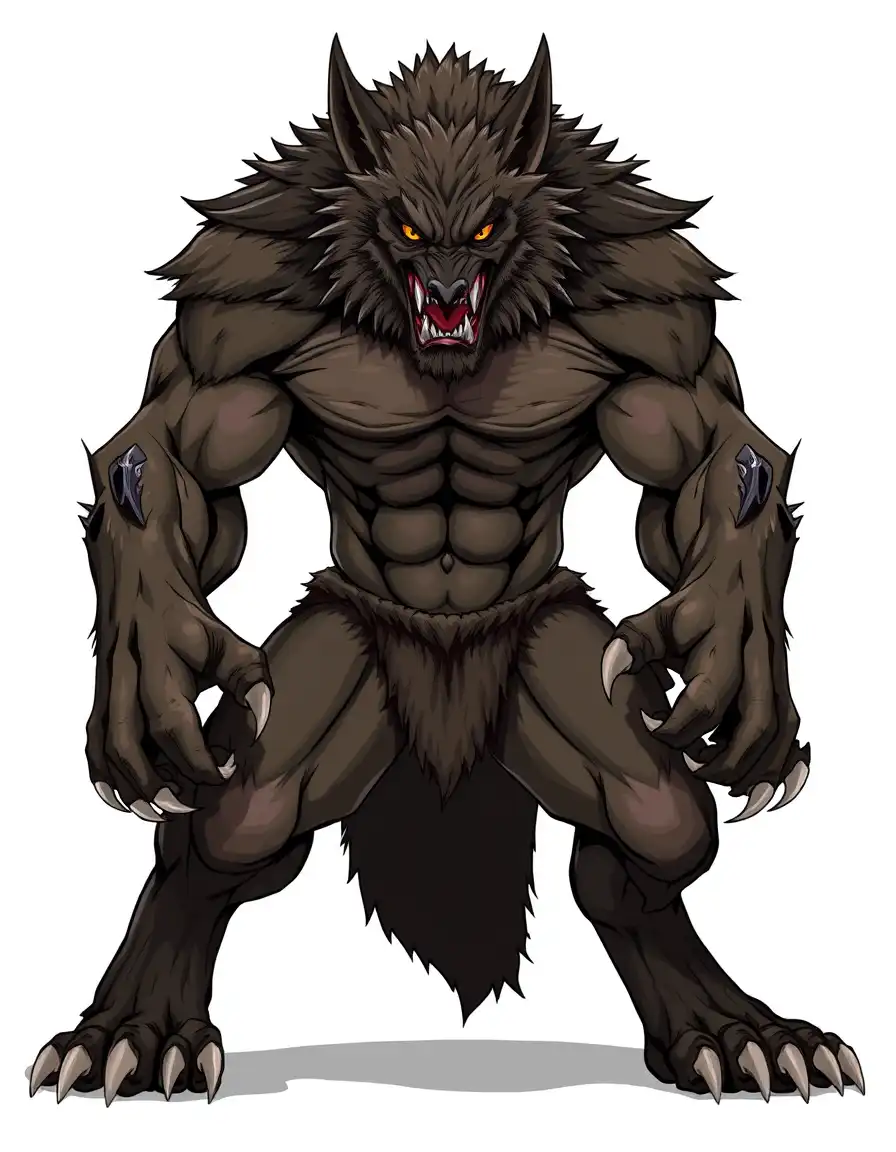 A powerful anthropomorphic werewolf standing tall, extremely muscular and fierce-looking. It has sharp claws, pointed ears, and a thick mane of fur around its neck and shoulders. The werewolf’s expression is aggressive with bared fangs and intense eyes. Its body is covered in fur except for some visible muscular areas, emphasizing strength and power. The pose is front-facing, with clenched fists and a confident