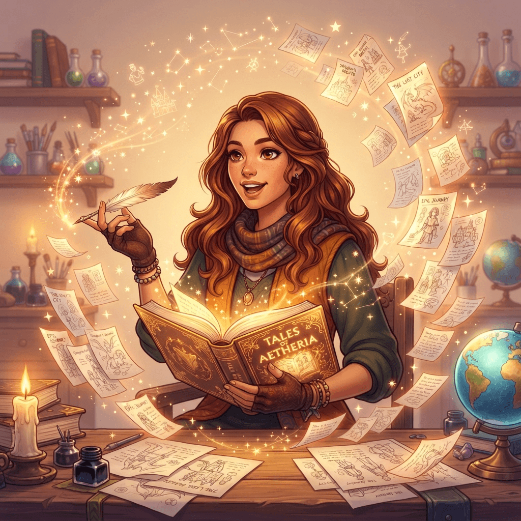 original character surrounded by floating idea sparks and sketch notes, storyteller with an open glowing tome, warm creative atmosphere, clean soft gradient studio background, vibrant, crisp high detail, digital illustration