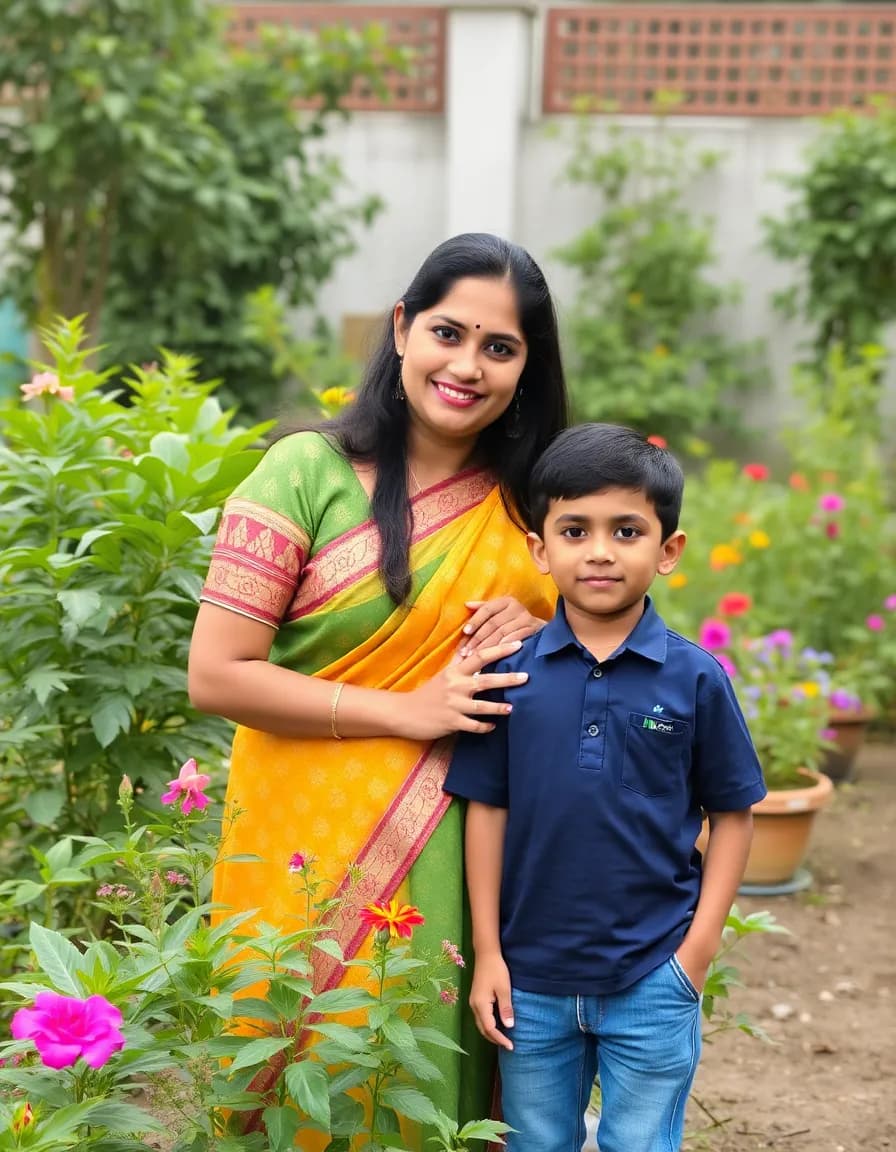 A very beautiful Indian lady garden and and 5 year boy young boy8